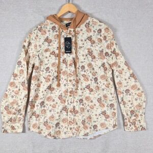 Original Use Mens Khaki Floral Hooded Button Down Shirt Rose‎ Print Large NEW